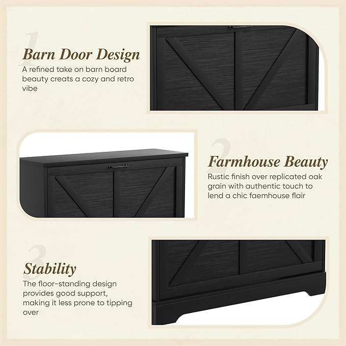 Semiocthome Farmhouse Shoe Storage Cabinet with 2 Flip Drawers, 31.5"(W) Freestanding Shoe Organizer with Barn Door and Metal Handles for Entryway, Corner Rustic Narrow Shoe Rack Cabinet - Black