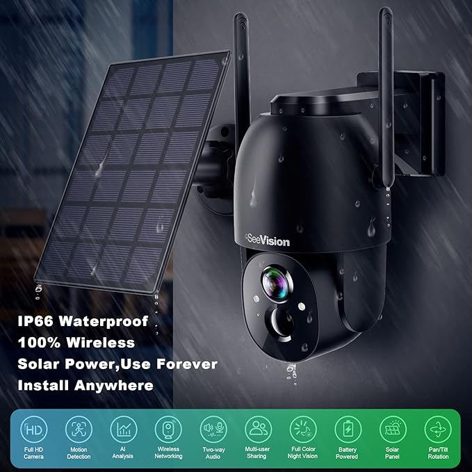 Solar Security Cameras Wireless Outdoor, 2K Battery Powered PTZ WiFi 3MP Security Camera for Home with Spotlight, PIR Motion Detection,Siren, Color Night Vision, 2-Way Talk, SD/Cloud Storage