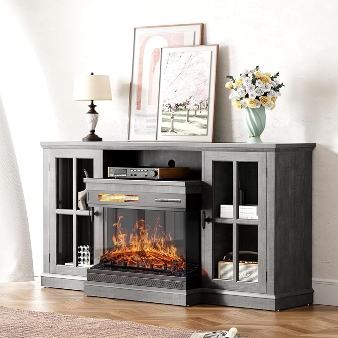 YESHOMY Glass Fireplace TV Stand for Televisions up to 65", Media Entertainment Center Console Table with Doors Closed Storage, Grey Wash