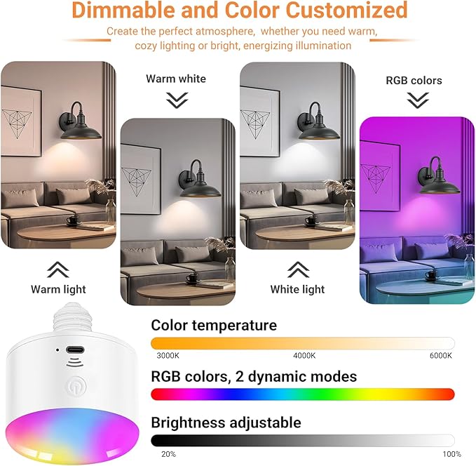 Battery Operated Wall Sconce, Wireless Wall Sconces Set of Two with 10000mAh Dimmable Bulbs and Remote, 10 Colors Rechargeable Wall Lights for Bedroom Living Room Hallway Decor