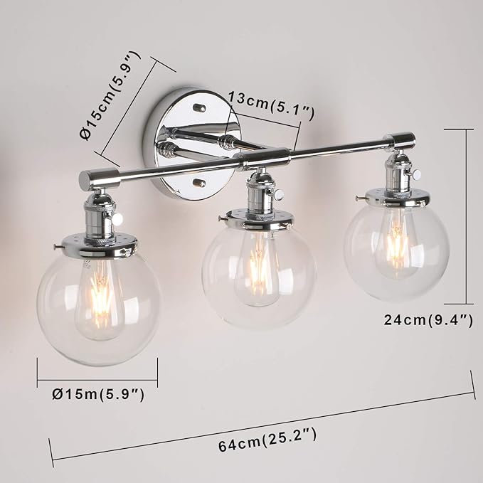 Permo Vintage Industrial Antique Three-Light Wall Sconces with Mini 5.9" Round Clear Glass Globe Shade (Chrome)