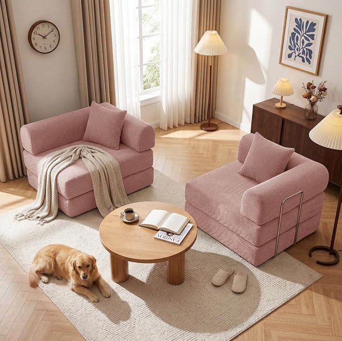 Convertible Compressed Corduroy Folding Cloud Sofa Bed, 59'' Modern Boneless Pull Out Loveseat Sleeper in a Box, 5 in 1 Floor Mattress Futon Cloud Couch, No Assembly Needed, Pink, 2 Pillows, Queen