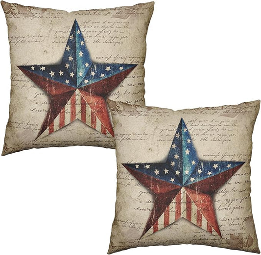 Patriotic Star Outdoor Pillow Covers 22x22 Set of 2 4th of July Vintage American USA Flag Throw Pillows Independence Memorial Day Throw Pillow Cases for Couch Sofa Bedroom Living Room Decor