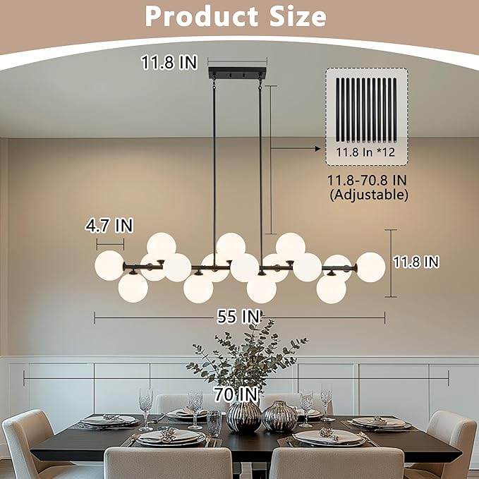 Linear Chandeliers for Dining Room, 55in Sputnik Chandeliers 16-Light Glass Globe Chandelier Black Milk White Bubble Modern Chandelier Large Pendant Lights Kitchen Island Lighting