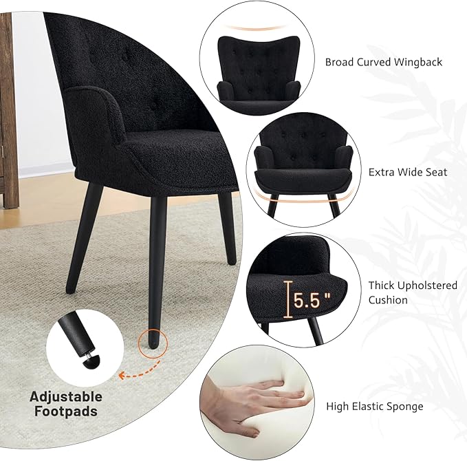 Furniliving Boucle Accent Chair for Living Room, Upholstered Reading Chair with High Backrest, Tufted-Button Wingback Armchair for Bedroom, Dressing Room, Home Office, Black, Set of 2