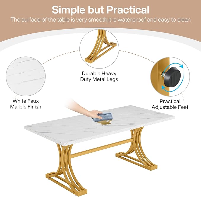 Tribesigns 63-Inch Rectangular Dining Table for 4 to 6, Modern Kitchen Tables with Stylish Metal Trestle Legs, Large Dinner Tables for Dining Room, Only Table (White+Gold)