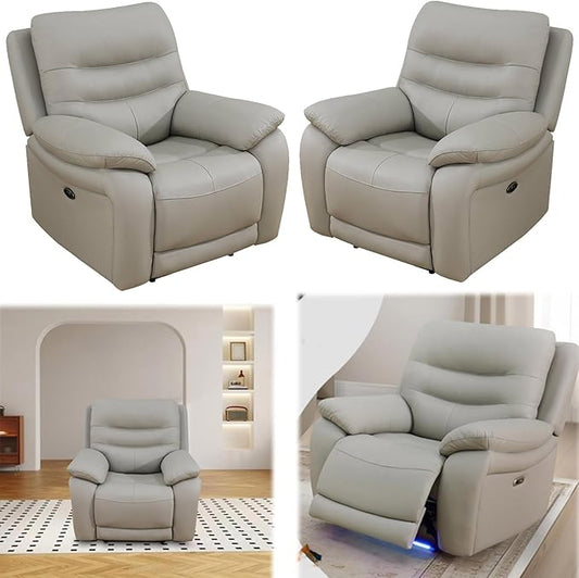 Power Reclining Sofa Set, Genuine Leather Recliner Sofa Set,Living Room Furniture Setwith USB Charging and LED Lights,for Living Room/Apartment/Office/Home Theather,Light Grey,2C