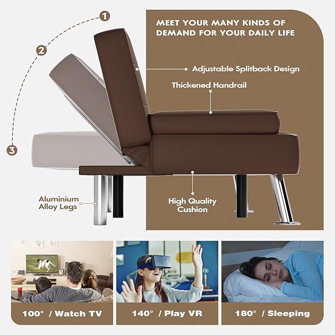 Homall Futon Sofa Bed, Leather Futon Couch with Removable Armrests, Adjustable Recliner Sleeper Sofa Bed with Dual Cup Holders for Living Room, Apartment, Office (Brown)