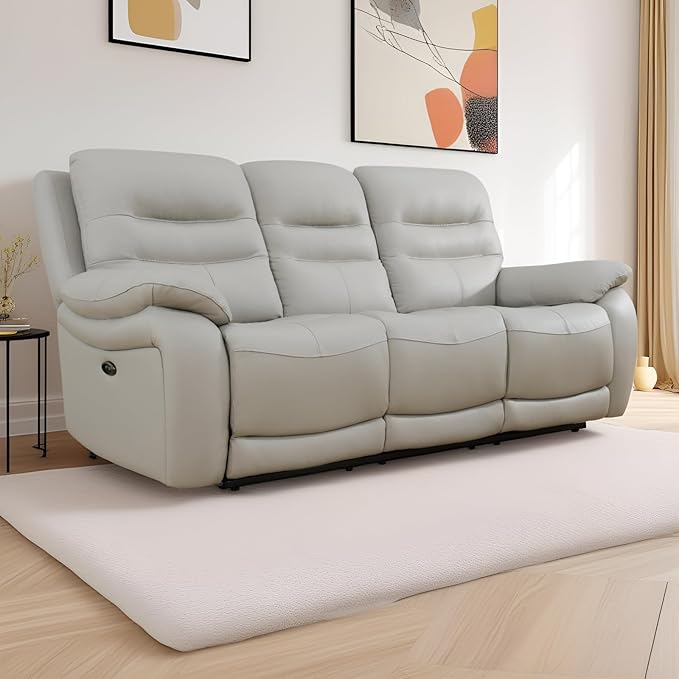 Power Reclining Sofa Set, Genuine Leather Recliner Sofa Set,Living Room Furniture Setwith USB Charging and LED Lights,for Living Room/Apartment/Office/Home Theather,Light Grey,S