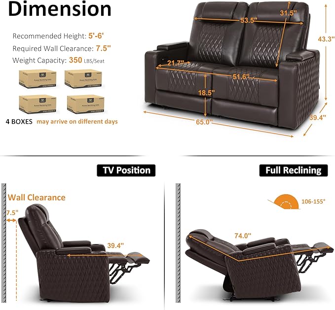 MCombo 65" Zero Gravity Oversized Power Reclining Loveseat with Adjustable Headrest for Living Room, Double Recliner Sofa with USB & Type C Port, Armrest Storage & LED Light HTS401SET