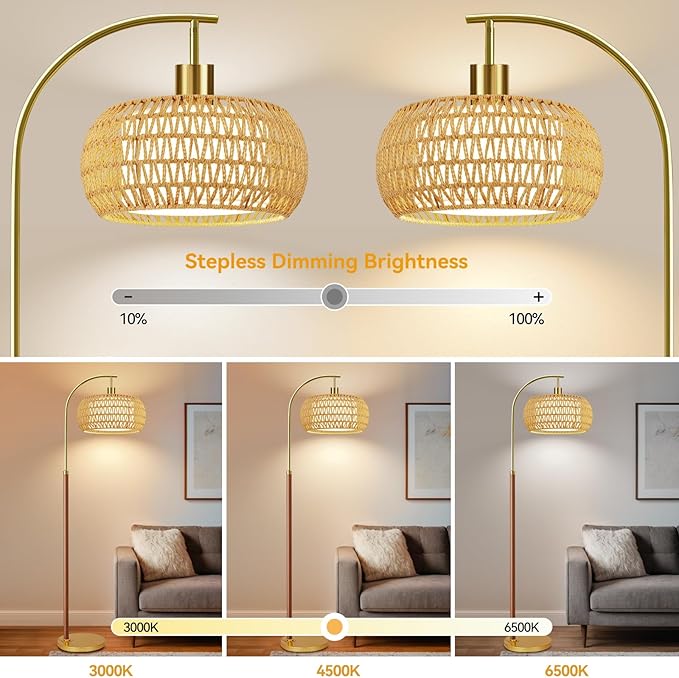 Wood Floor Lamps for Living Room,Boho Floor Lamp with Remote Control & 3 Color Temperatures,Dimmable Mid Century Modern Standing Lamp Vintage Tall Rattan Floor Lamp for Bedroom Corner