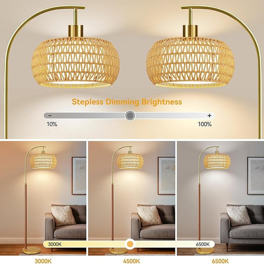 Wood Floor Lamps for Living Room,Boho Floor Lamp with Remote Control & 3 Color Temperatures,Dimmable Mid Century Modern Standing Lamp Vintage Tall Rattan Floor Lamp for Bedroom Corner
