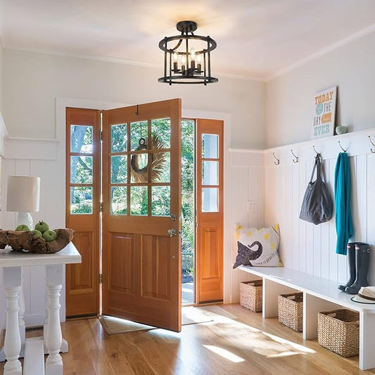 Farmhouse Semi Flush Mount Ceiling Light Fixture, 4-Light Industrial Ceiling Light w/ E12 Base Metal Rustic Vintage Chandelier Lighting for Kitchen Dining Room Hallway Entryway Foyer (Matte Black)