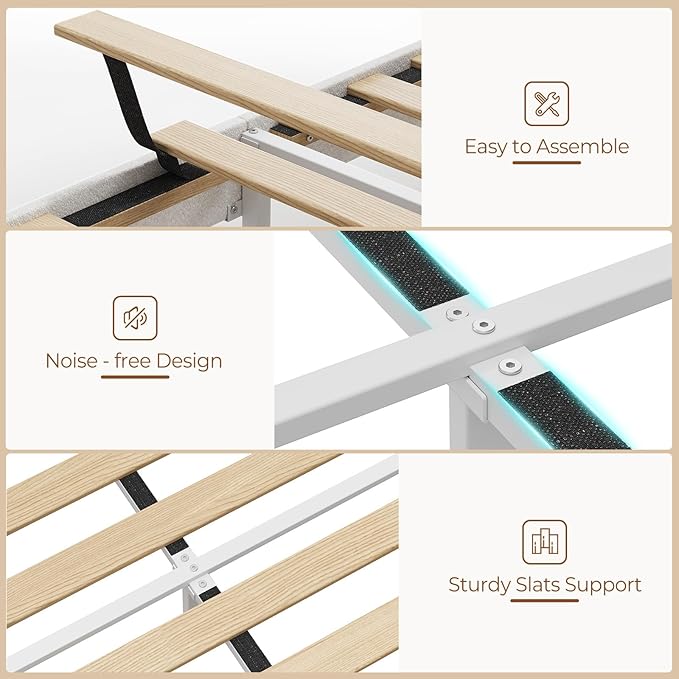 Rolanstar Queen Bed Frame with Drawers, Storage Headboard with Charging Station and LED Lights, Upholstered Bed with Heavy Duty Wood Slats, No Box Spring Needed, Noise Free, Easy Assembly, Beige