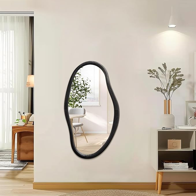 JJUUYOU Irregular Wall Mirror Black Asymmetrical Wooden Mirror 30"x18" Large Home Decorative Wall Mounted Vanity Mirrors for Bathroom Dressing Room Living Room