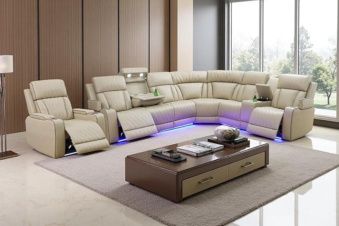 Power Recliner Sectional Sofa Set with LED, Breathing Leather Reclining Sectional Corner Couch & Chair, L-Shaped Home Theater Seating with Charging/Storage for Living Room