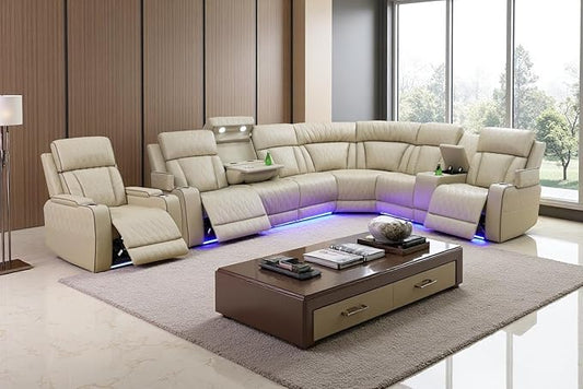 Power Recliner Sectional Sofa Set with LED, Breathing Leather Reclining Sectional Corner Couch & Chair, L-Shaped Home Theater Seating with Charging/Storage for Living Room