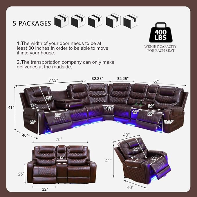 Power Breathing Leather Reclining Sofa, Power Recliner Sectional Sofa with Reading lamp/LED Light, Sectional Reclining Loveseat Couch with Hide-Away Storage for Living Room