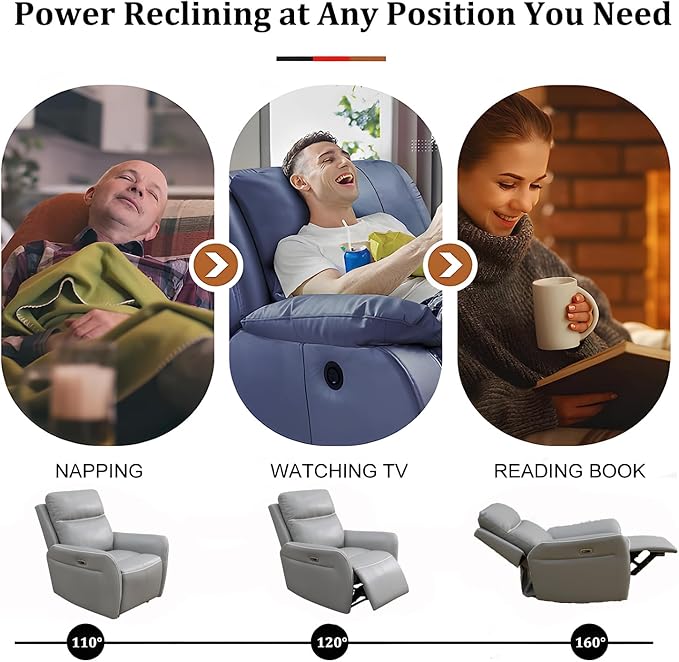 Power Recliner Chair for Living Room, Air Leather Reclining Chair with LED Lighting&USB for RV (Light Grey)