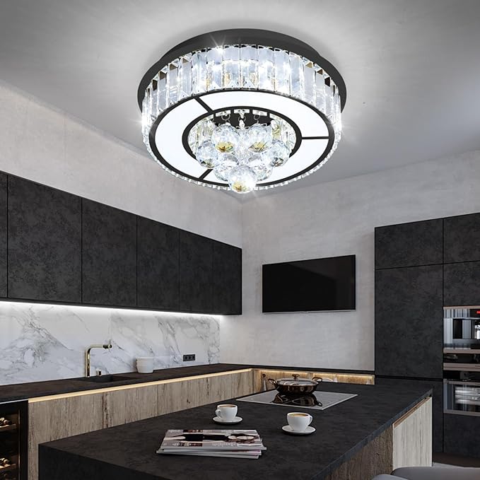11.8'' Black Modern Crystal Chandeliers for Dining Room LED Dimmable Light Fixtures Flush Mount Light Living Room Bedrooms