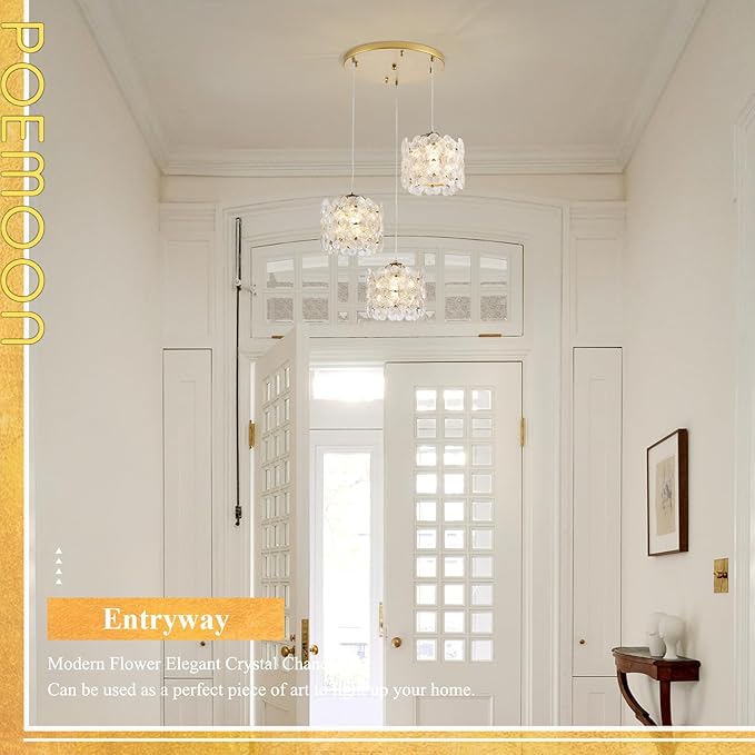 Gold Flower Glass Chandelier 3-Lights Cluster Pendant Lighting Modern Ceiling Pendant Light Fixture for Dinning Room Bedroom Kitchen Island Hallway Entryway