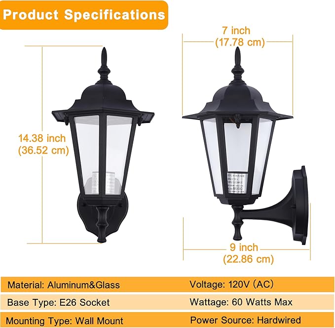 Outdoor Wall Lantern, Exterior Waterproof Wall Light Fixtures with Clear Glass, Die-Aluminum Porch Light, Anti-Rust Outside Lighting for Patio Front Door Entryway, Matte Black, 2-Pack