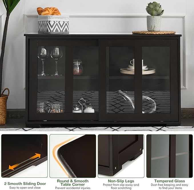 Byroce Sideboard Buffet Cabinet, Stackable Storage Coffee Bar Cabinet with Adjustable Shelf & Glass Sliding Doors, Wood Cupboard Credenza Console Table for Kitchen Dining Living Room (1, Coffee)