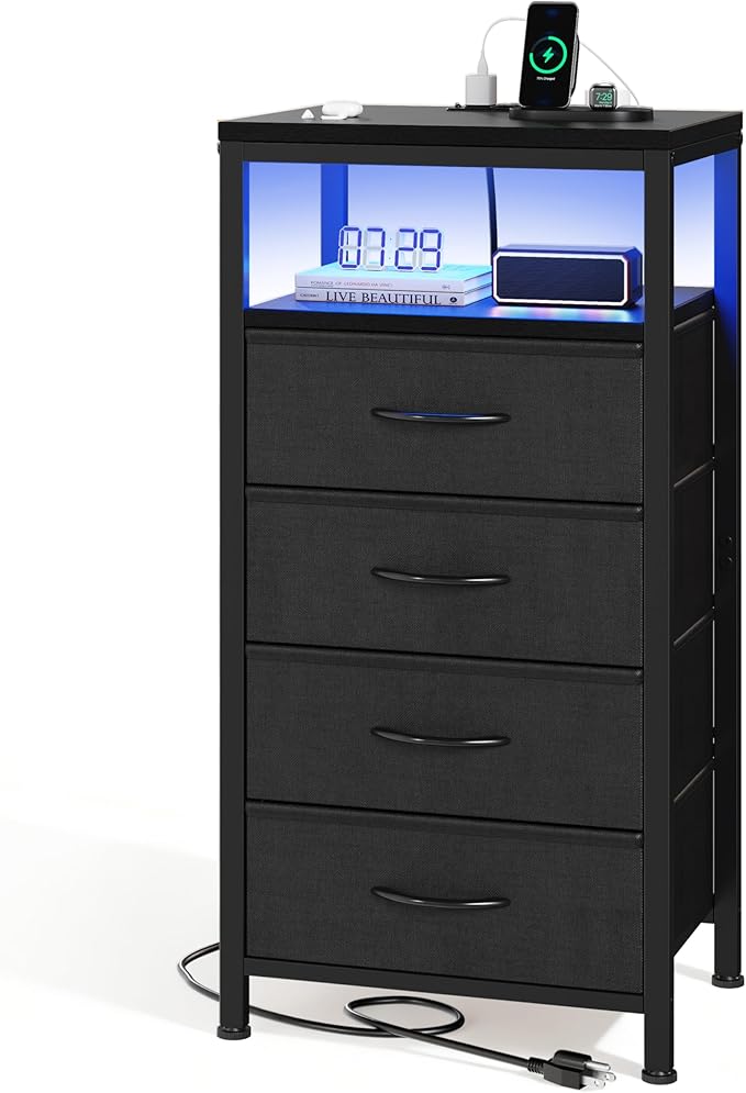 Sweetcrispy Nightstand with Charging Station, Bedside End Table with 4 Fabric Drawers & USB/Type-C Ports and Outlets, Night Stand for Bedroom Furniture, Adjustable Feet and Variable Light Strip, Black