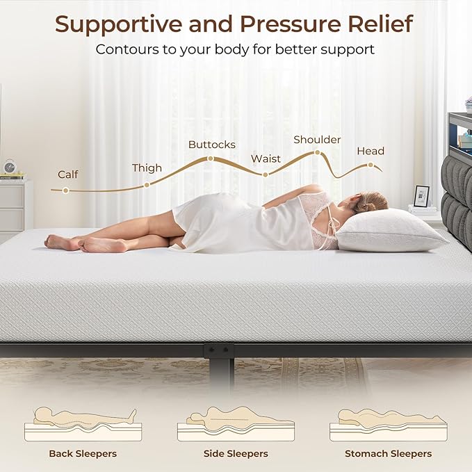 Seventable Bed Frame Queen Size with Charging Station, LED Bed with Upholstered Storage Headboard - 8 Inch Gel Memory Foam Mattress, Fiberglass Free, Breathable & Pressure Relief
