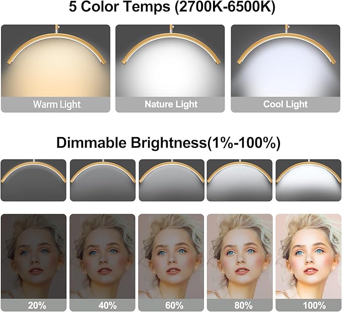 AURELLE Half Moon Lash Light - Adjustable LED Floor Lash Lamp with 4X Magnifier & Phone Holder for Eyelash Extensions,Nail Art,Tattoo,Skincare,Salon SPA-Dimmable Brightness,Rotating Head, Gold
