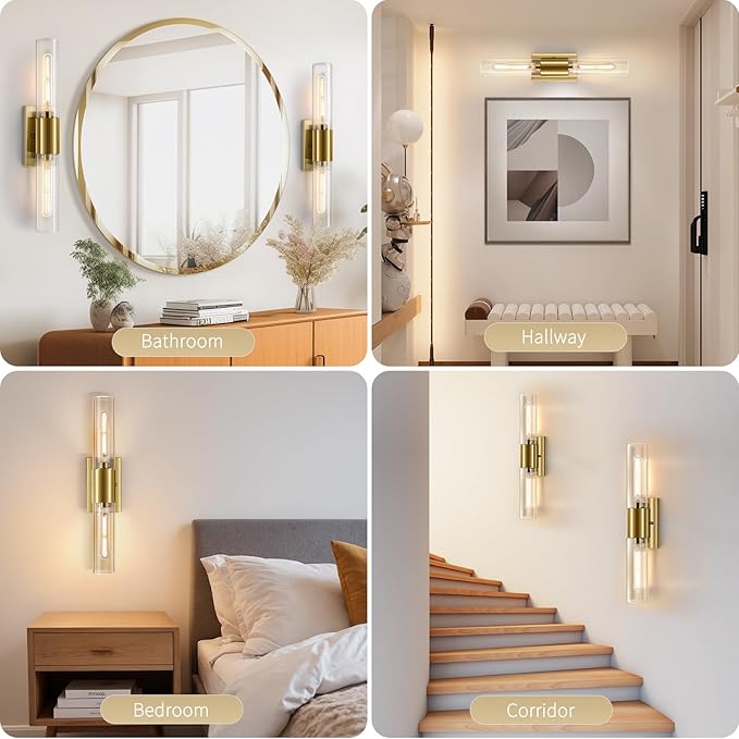 21" Brushed Gold Bathroom Light Fixtures Over Mirror,2-Light Gold Vanity Lights,Hardwired Vanity Lighting Fixtures Bathroom Lighting Fixtures Over Mirror for Bath Room E26 T10 Bulbs(Excluded)