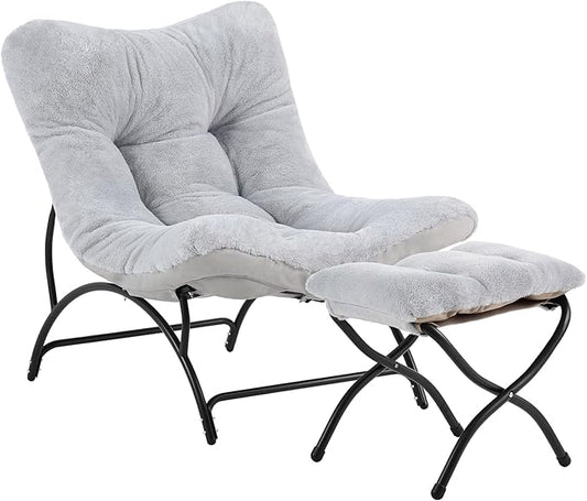 Tiita Accent Lazy Chair with Ottoman, Comfy Lounge Chair with Metal Frame and Plush Fabric, Thick Cushion Seated Cozy Recliner Chair for Reading Room, Living Room, Bedroom, Office, Light Gray