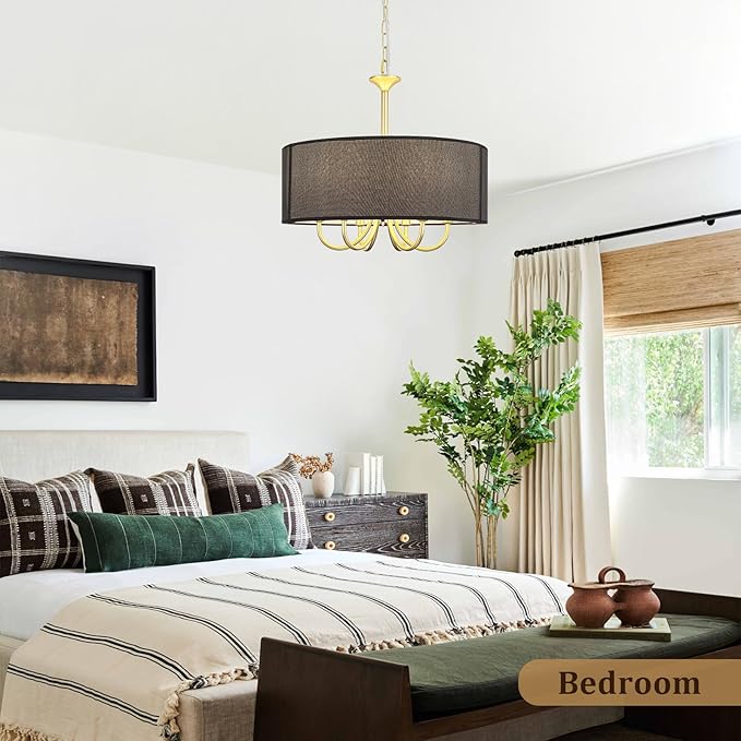 6-Light Gold Drum Chandelier, 18'' Farmhouse Dining Room Light Fixture Black Linen Drum Chandelier, Brass Round Chandelier Hanging Pendant Light for Bedroom Living Room Kitchen Foyer