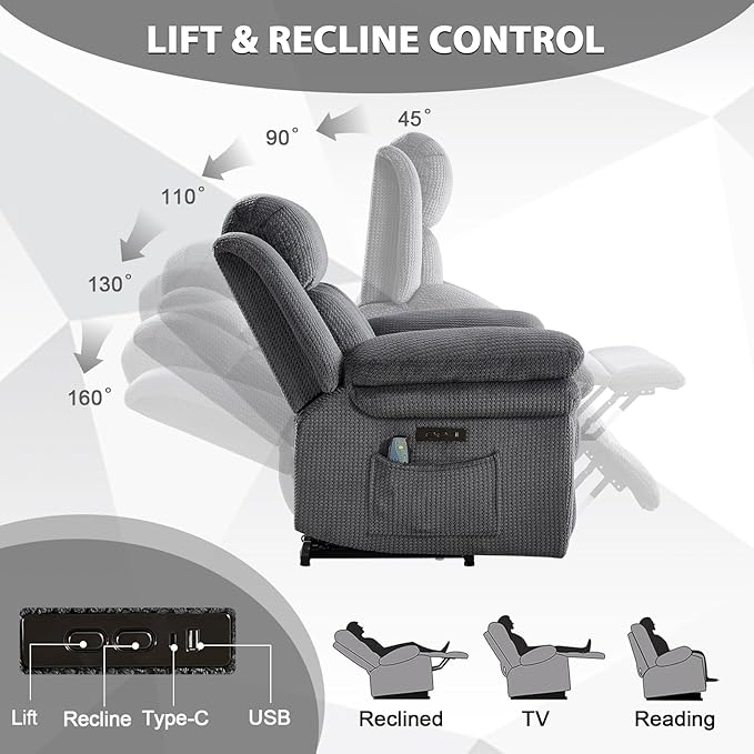 CANMOV 46" Wide Oversize Power Lift Recliner Chair, Extra Large Electric Lift Recliners for Elderly Big, Stand Up Recliner Chair with Massage and Heat, USB and Type-C Ports, Grey