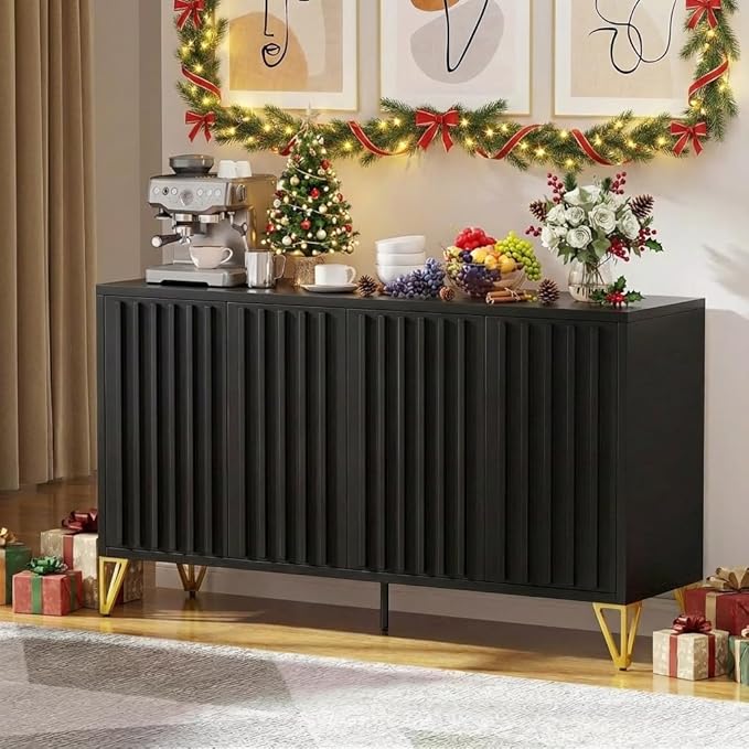 DWVO Modern Kitchen Storage Cabinet with Adjustable Shelves, 55" Sideboard Buffet Cabinet with Storage for Hallway, Kitchen or Living Room, Black