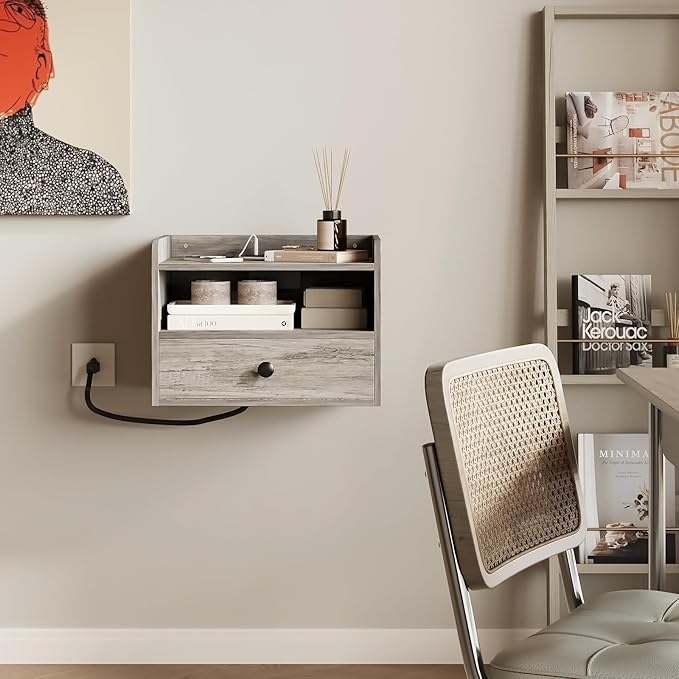 Floating Nightstand Set of 2 Modern Night Stands with Drawer and Open Shelf Cubby Small Bedside End Table with Charging Station Wall Mounted Nightstands Set 2 for Bedroom Grey