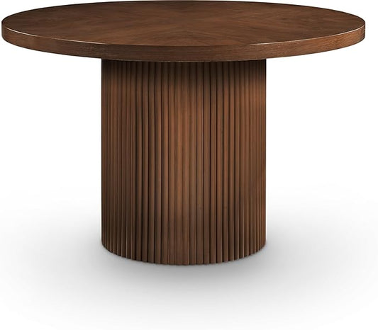 Meridian Furniture 728Brown-T Belinda Collection Mid-Century Modern Dining Table, Solid Wood Base, Brown Finish Oak Wood Veneer MDF Top, Round Top, Fluted Base, 48" W x 48" D x 31" H, Brown