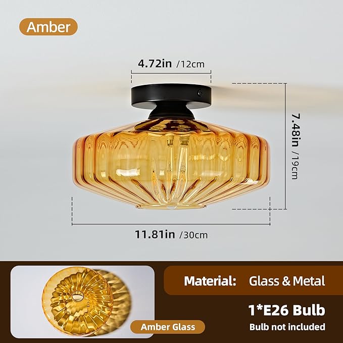 Glass Semi Flush Ceiling Lights - 12 in Vintage Mid Century Modern Lighting Fixture - Drum Unique Art Deco Amber Mount Light Fixtures for Hallway Entry Way Hall Kitchen Dining Laundry Room Foyer Porch