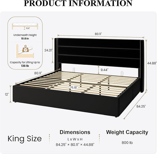 SHA CERLIN King Size Lift Up Storage Bed/Velvet Upholstered/Modern Wingback Headboard/Upholstered Platform Bed Frame/Hydraulic Storage/No Box Spring Needed/Black