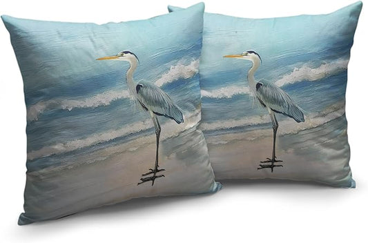 Beach Blue Pillow Covers Nautical Coastal Heron Throw Pillow Covers 18x18 Set of 2 Summer Ocean Bird Decorative Pillow Cases Outdoor Cushion Cover for Bed Sofa Couch Patio