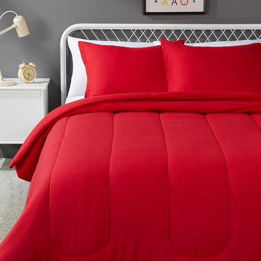 Amazon Basics 3-Piece Soft Microfiber Kids' Comforter and Pillow Sham Set, Full/Queen, Red, Solid