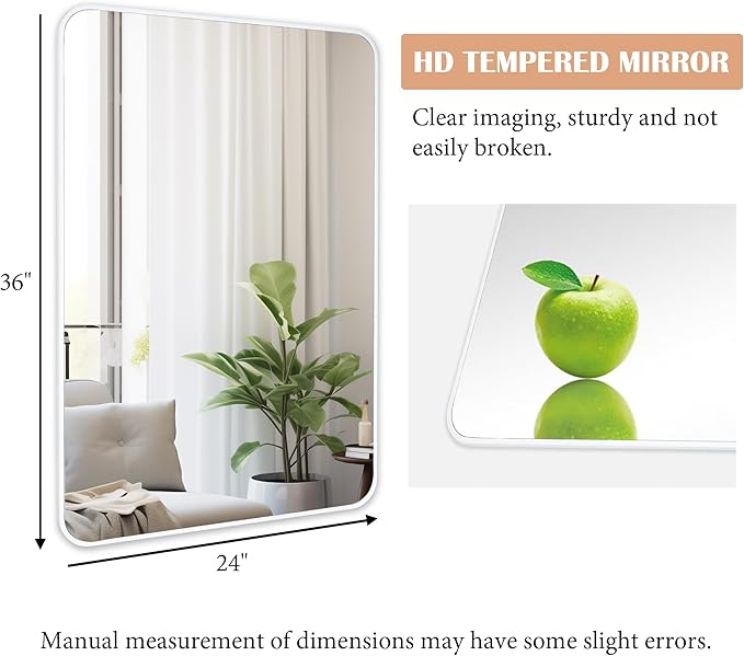 White Bathroom Mirror24x36 Inch, Rectangle Mirrors for Wall with Tempered Glass for Bedroom Living Room or Entryway (Horizontal/Vertical Hanging)