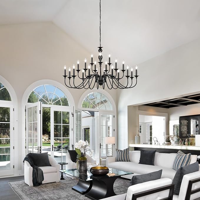 Black Chandelier 21 Light, Large Farmhouse Chandeliers for Dining Room Light Fixtures Over Table, 3 Tier Industrial Candle Hanging Lighting Fixture for Living Room Foyer Staircase Restaurant Villa
