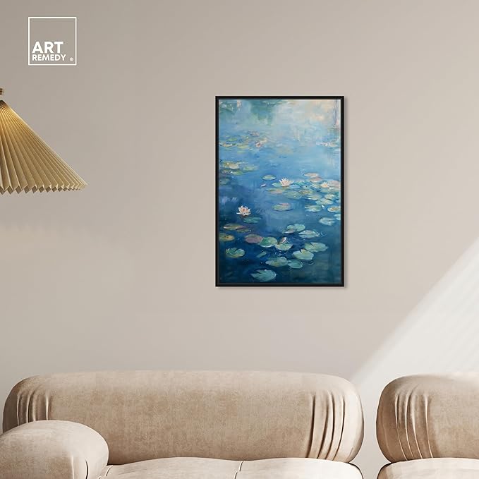 Art Remedy Lilypads In Blues Framed Impressionism 1 Piece Canvas Wall Art/Monet And Van Gogh Inspired Art, 17" x 25", Black Frame