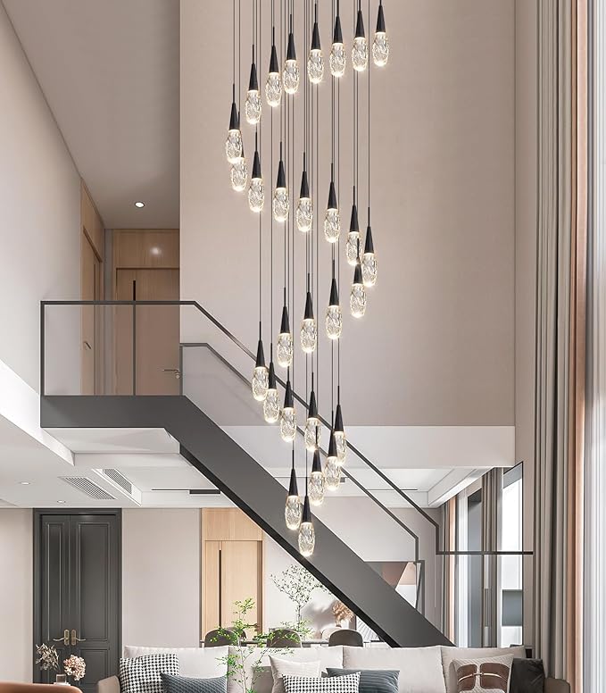 28-Lights 177 Inches Modern Chandelier LED Light Fixtures High Ceiling Long Light Chandelier for Entrance Foyer Dimmable Lights with Remote Living Room Ceiling Pendant Lighting Drop Lights Black