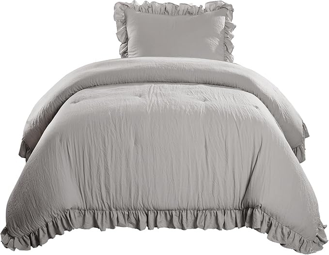 Lush Decor Reyna Ruffle Comforter Set, Twin XL, Light Grey, 2 Piece Cozy Bedding Set