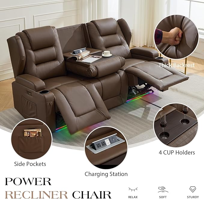 Oprisen 3-Seater Power Recliner Sofa Couch Flip Middle Backrest Reclining Sofa Chair for Living Room with Charging Station/Cup Holders/LED Ambient Light