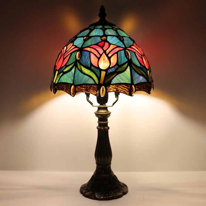 Small Tiffany Lamp Mini Accent Table Lamp Stained Glass Desk Memory Lamp Sympathy 8X14.5 Inch (Tulip Style)