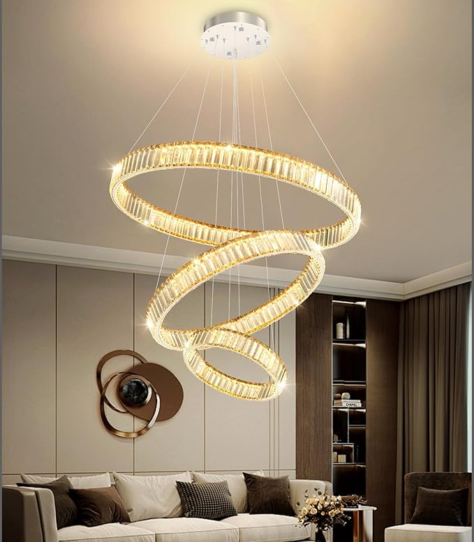 16‘’+24‘’+32'' Modern Ring Chandelier Crystal Chandeliers for Dining Room Round LED Dimmable Ceiling Light Fixture for Living Room Bedroom Lighting Gold