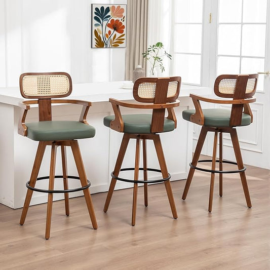Set of 3 Counter Height Bar Stools - 27 inch Swivel Counter Stools with Walnut Craftsmanship, Cane Back, Upholstered Faux Leather, Kitchen Island Stools for Island/Pub/Kitchen (27" Seat Height, Green)
